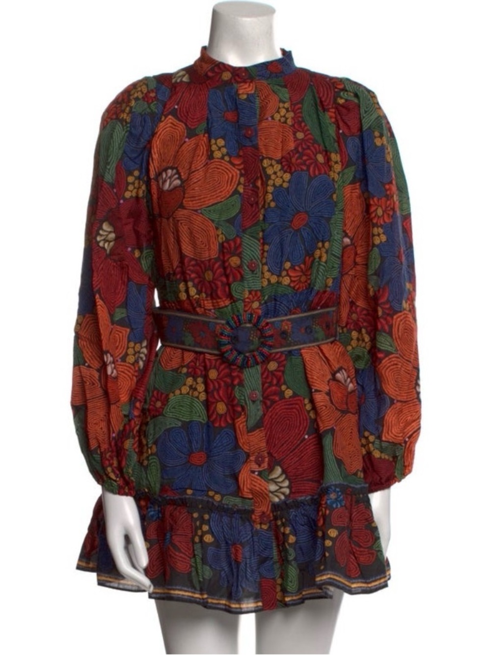 FARM Rio Red Multi Floral Long-Sleeve Dress with Belt